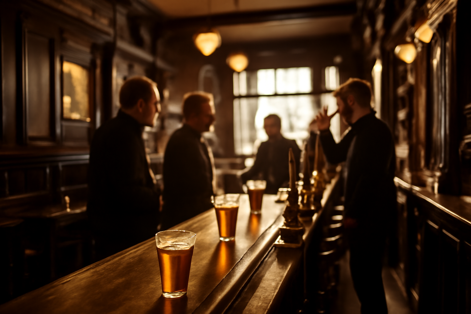 Suasana dalam pub tradisional London dengan bar kayu panjang dan pengunjung berdiri memesan minuman