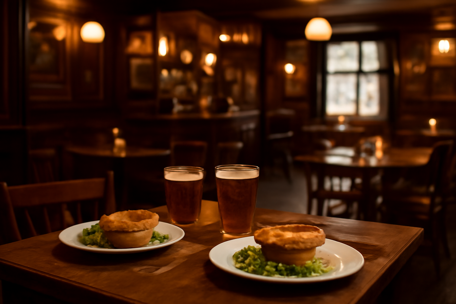 Suasana makan malam di pub London dengan hidangan pie dan segelas bir