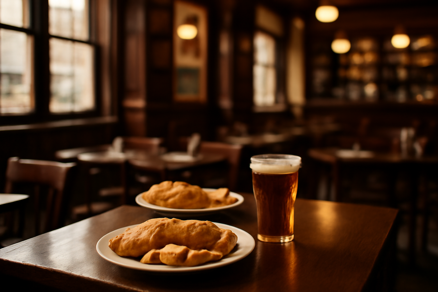 Interior pub London klasik dengan meja kayu dan hidangan makan siang