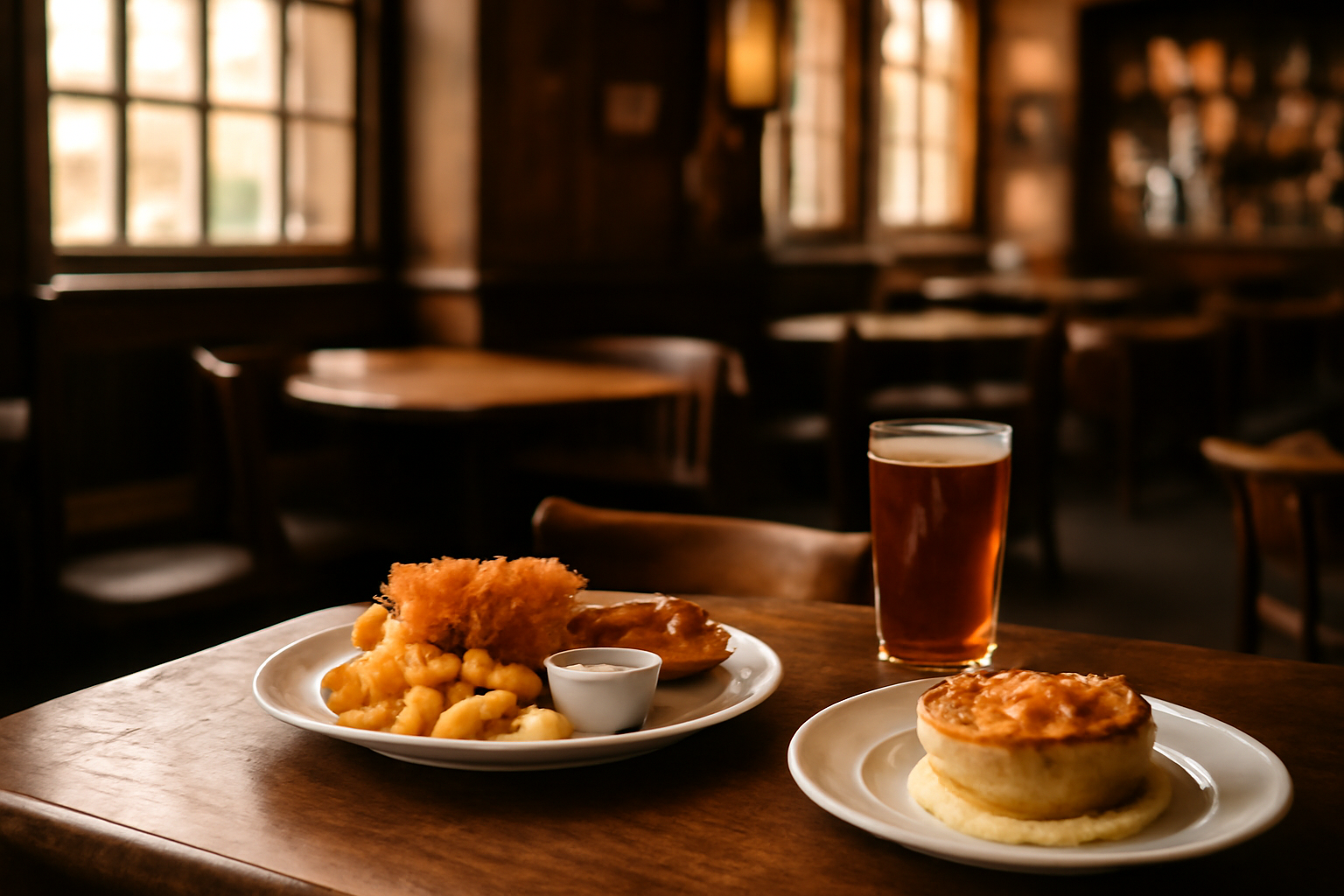 Interior pub London dengan meja kayu dan hidangan fish and chips