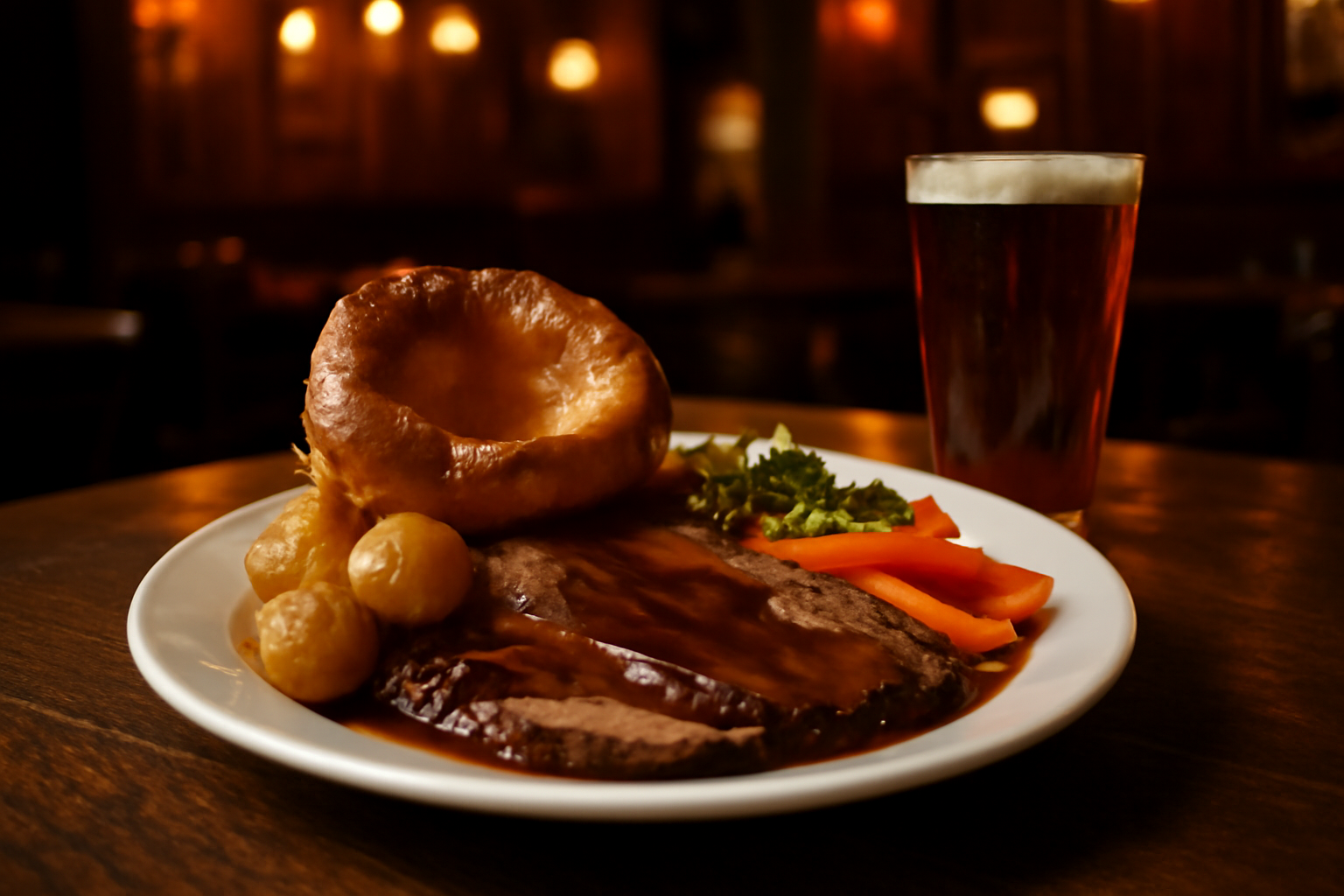 Sunday roast London dengan potongan daging panggang, kentang, dan Yorkshire pudding di meja pub